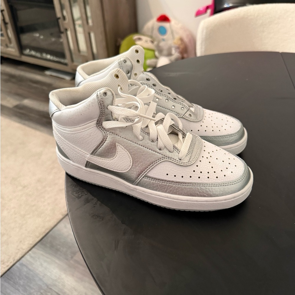 Nike Kids White and Silver Mid-Top Sneakers